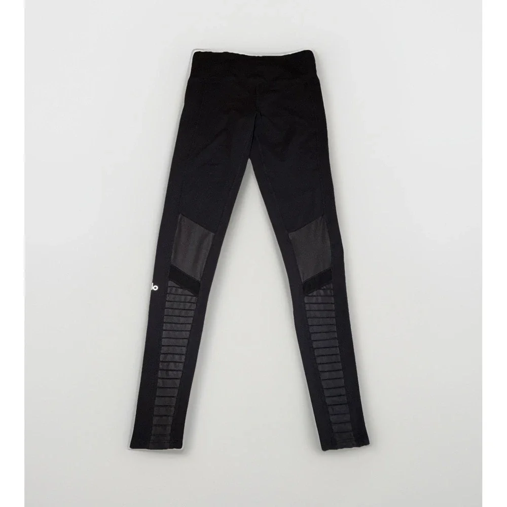 Alo Yoga Moto Leggings Women's XS Black High Waist Pintuck Mesh Panel Spandex